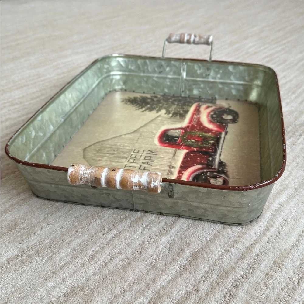 ‘Tree Farm With Truck' Metal Serving Tray with Handles by Lori Deiter, 14” x 11”